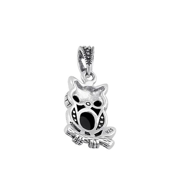 New Sterling Silver Black Onyx and Dark Garnet Owl Marcasite Pendant Necklace - Picture 4 of 8